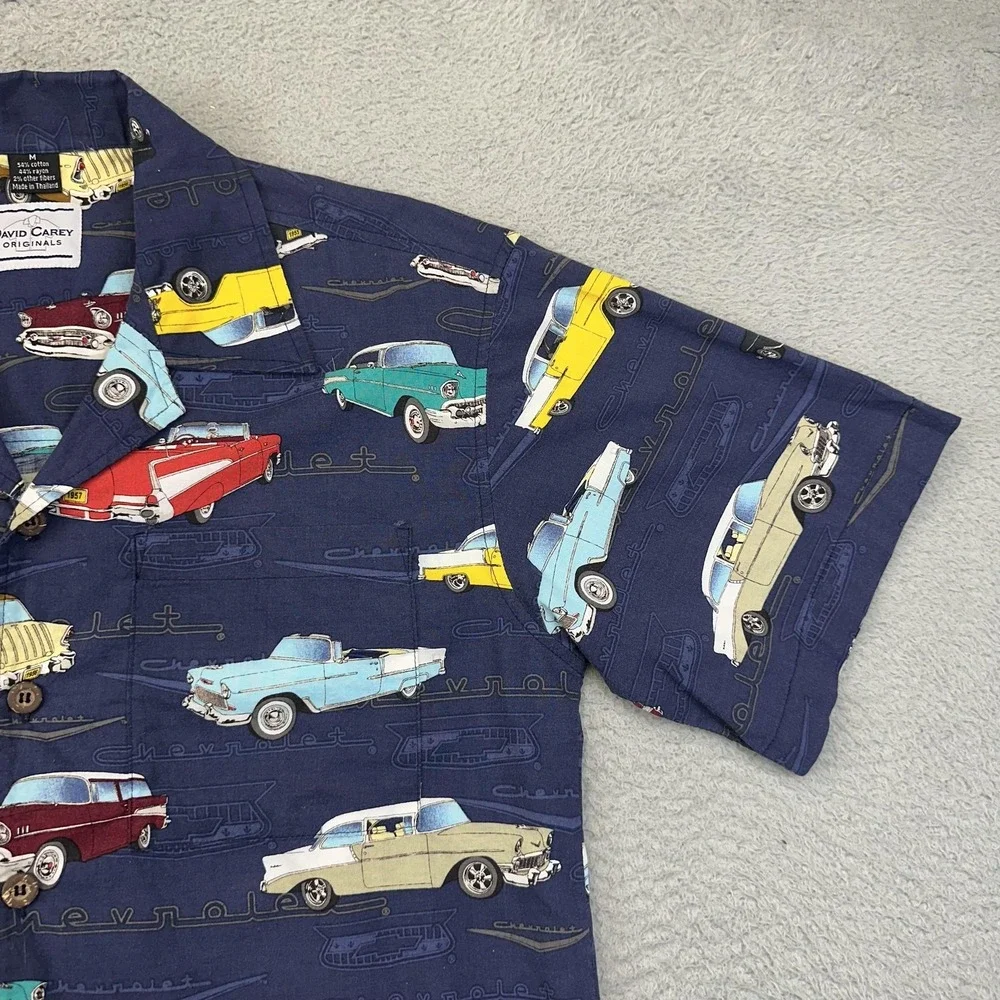 David Carey Shirt Mens‎ Medium Navy Hawaiian Aloha Camp Chevrolet Classic Cars